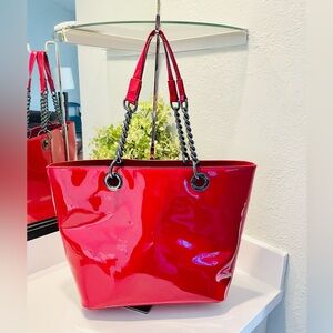DKNY Red Patent Leather Shopper Tote Bag